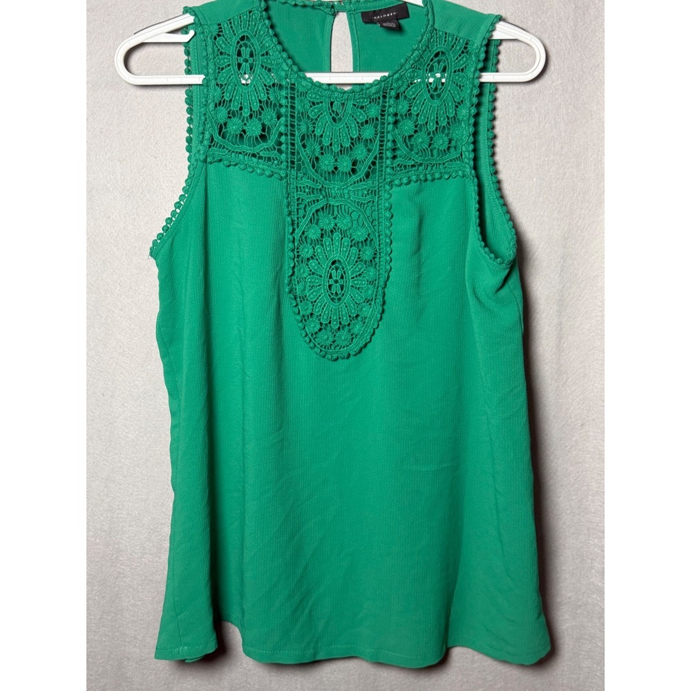 Halogen Green Sleeveless Crochet Lace Yoke Blouse Pom Pom Trim Small
